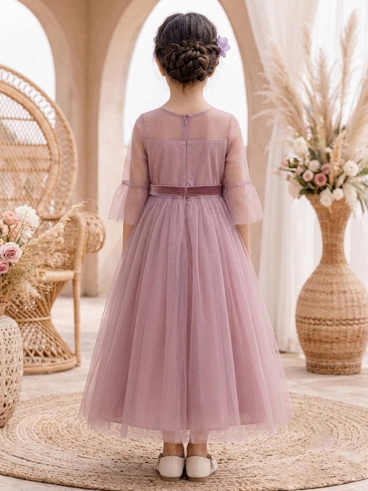 A-Line/Princess Scoop Half Sleeves Tulle Ankle-Length Flower Girl Dresses with Belt