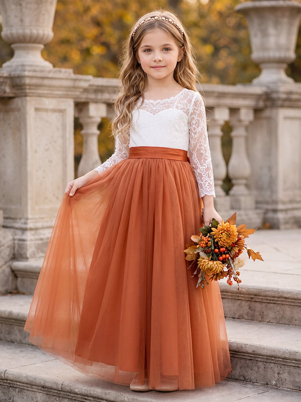 A-Line/Princess Scoop Long Sleeves Tulle Ankle-Length Flower Girl Dresses with Lace