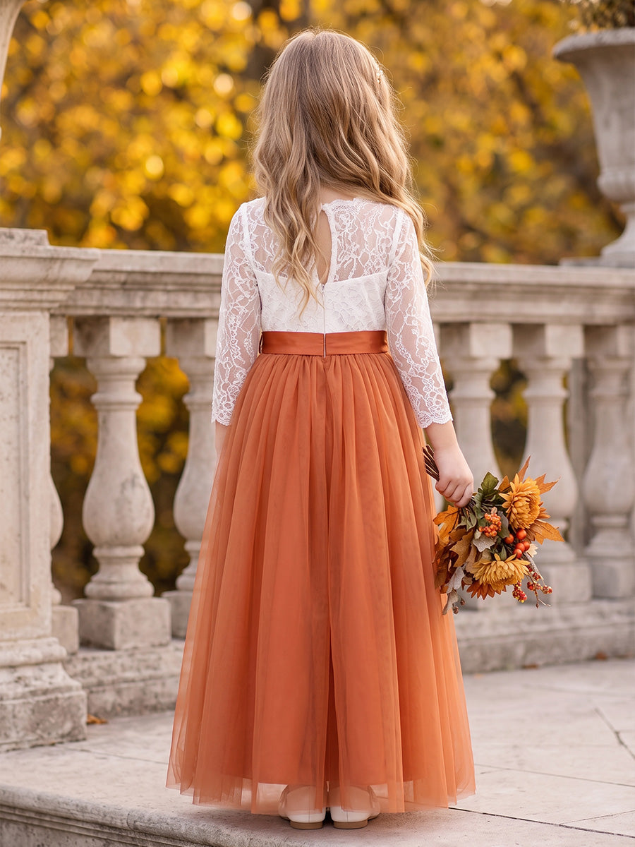 A-Line/Princess Scoop Long Sleeves Tulle Ankle-Length Flower Girl Dresses with Lace