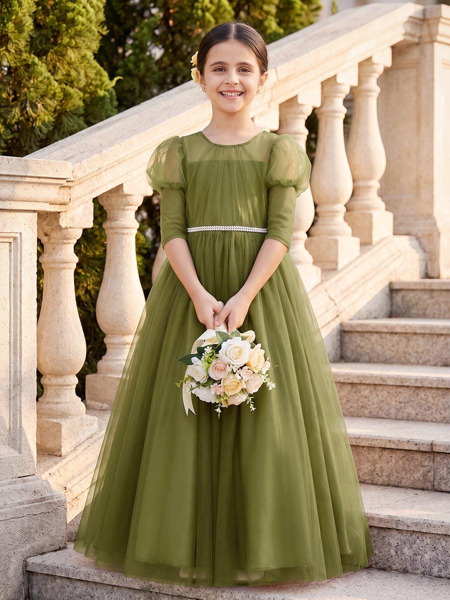 A-Line/Princess Scoop Half Sleeves Tulle Floor-Length Flower Girl Dresses with Belt