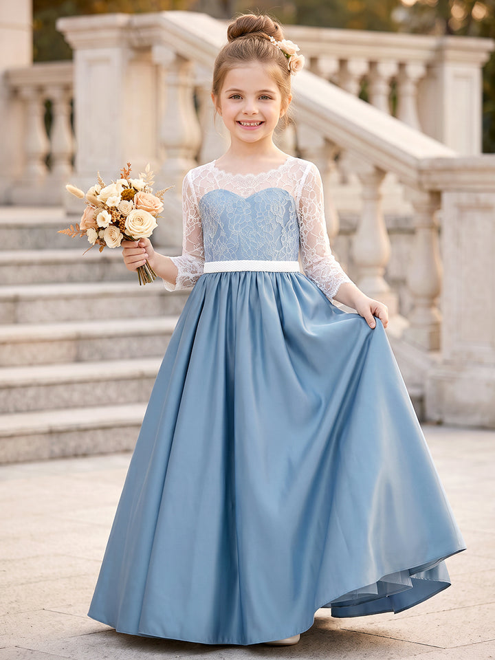 A-Line/Princess Scoop 3/4 Sleeves Satin Floor-Length Flower Girl Dresses with Lace