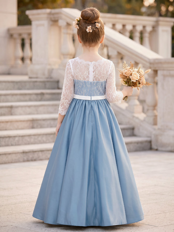 A-Line/Princess Scoop 3/4 Sleeves Satin Floor-Length Flower Girl Dresses with Lace