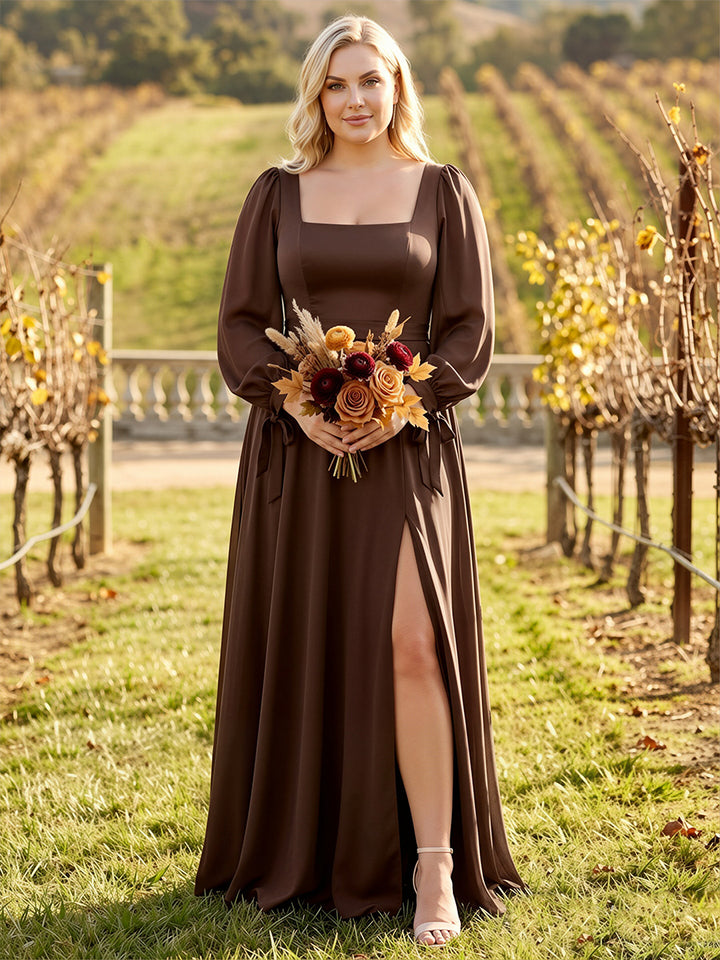 A-Line/Princess Square Neck Long Sleeves Satin Floor-Length Plus Size Bridesmaid Dresses with Bowknots