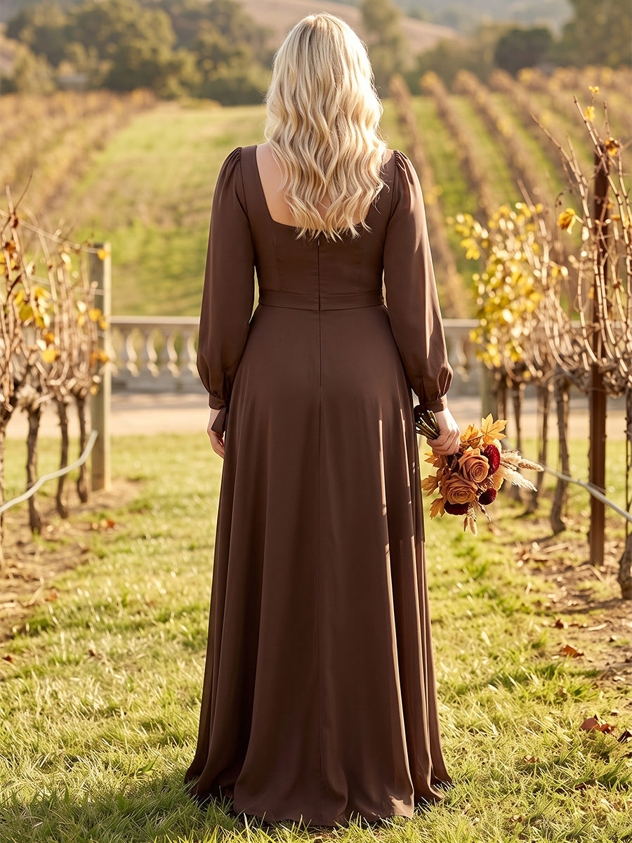 A-Line/Princess Square Neck Long Sleeves Satin Floor-Length Plus Size Bridesmaid Dresses with Bowknots