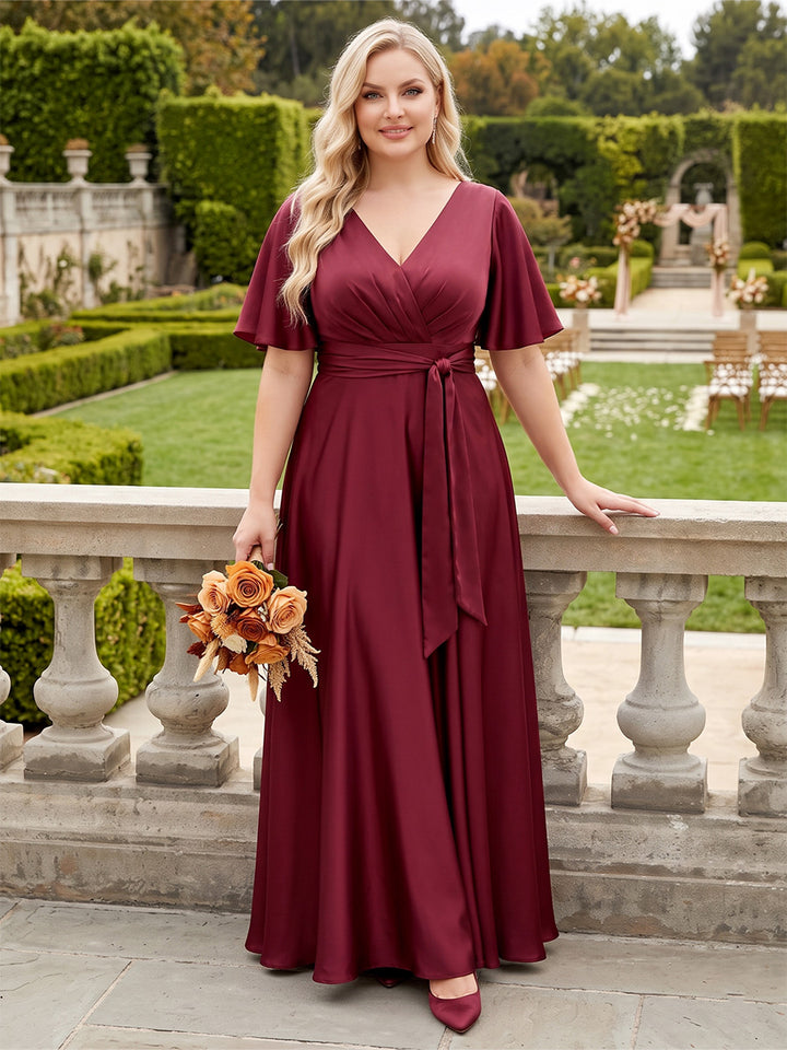 A-Line/Princess V-Neck Short Sleeves Satin Floor-Length Plus Size Bridesmaid Dresses with Belt
