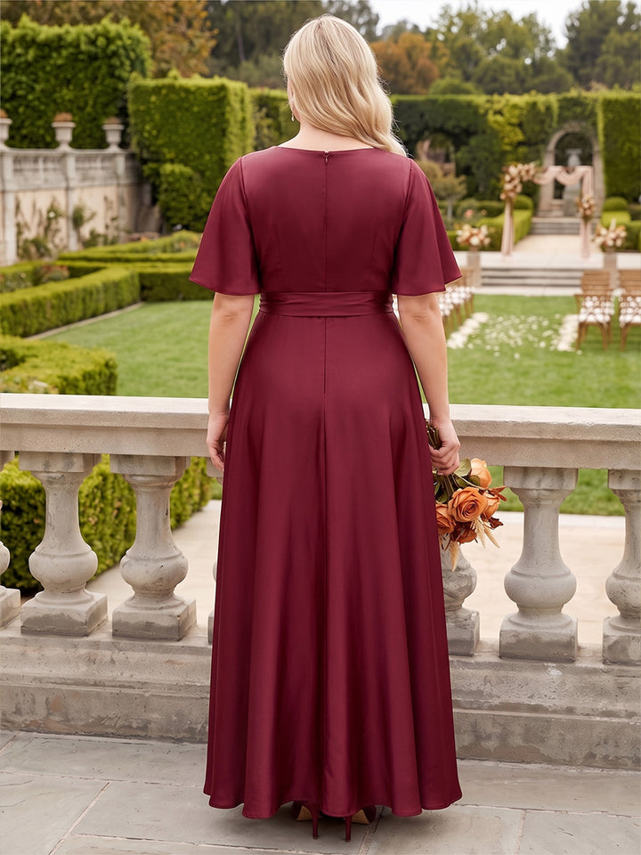 A-Line/Princess V-Neck Short Sleeves Satin Floor-Length Plus Size Bridesmaid Dresses with Belt