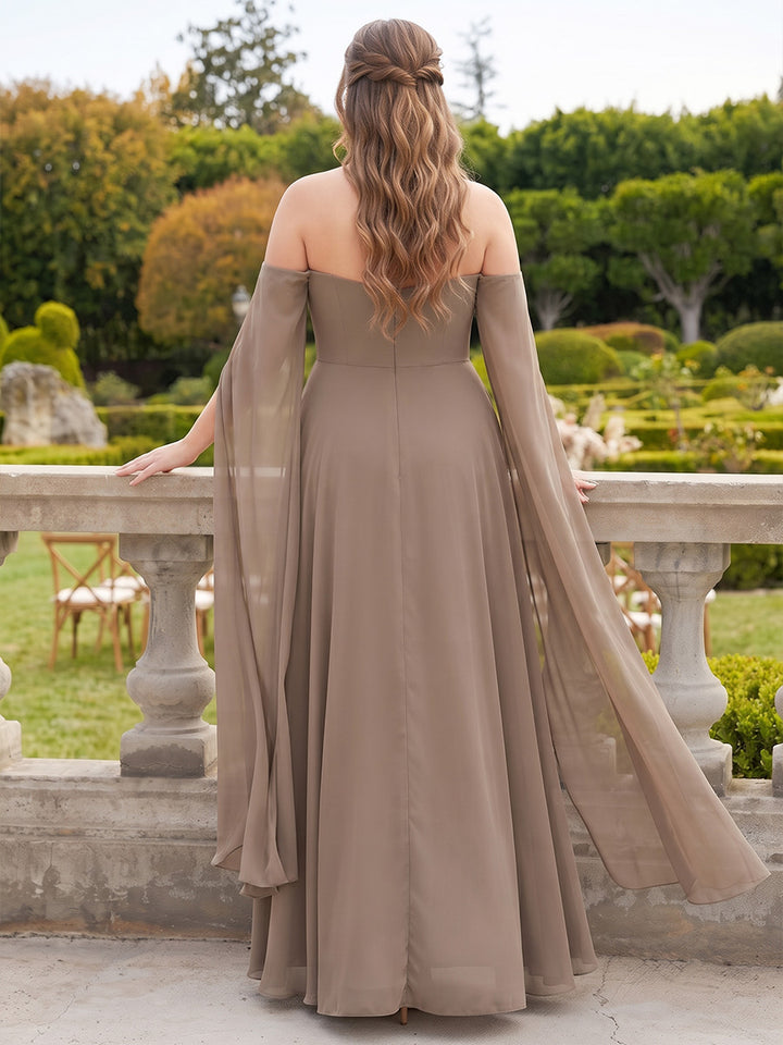 A-Line/Princess Off-the-Shoulder Sleeveless Chiffon Floor-Length Plus Size Bridesmaid Dresses with Watteau Train