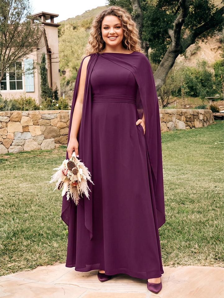 A-Line/Princess Crew Neck Sleeveless Chiffon Floor-Length Plus Size Bridesmaid Dresses with Watteau Train