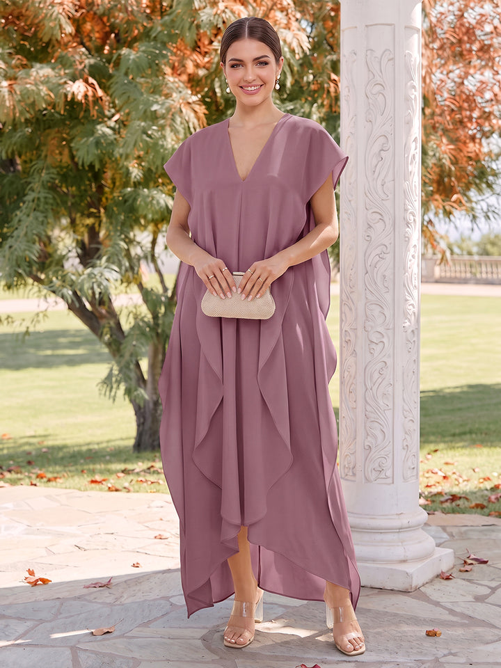 A-Line/Princess V-Neck Short Sleeves Chiffon Ankle-Length Bridesmaid Dresses with Ruffles