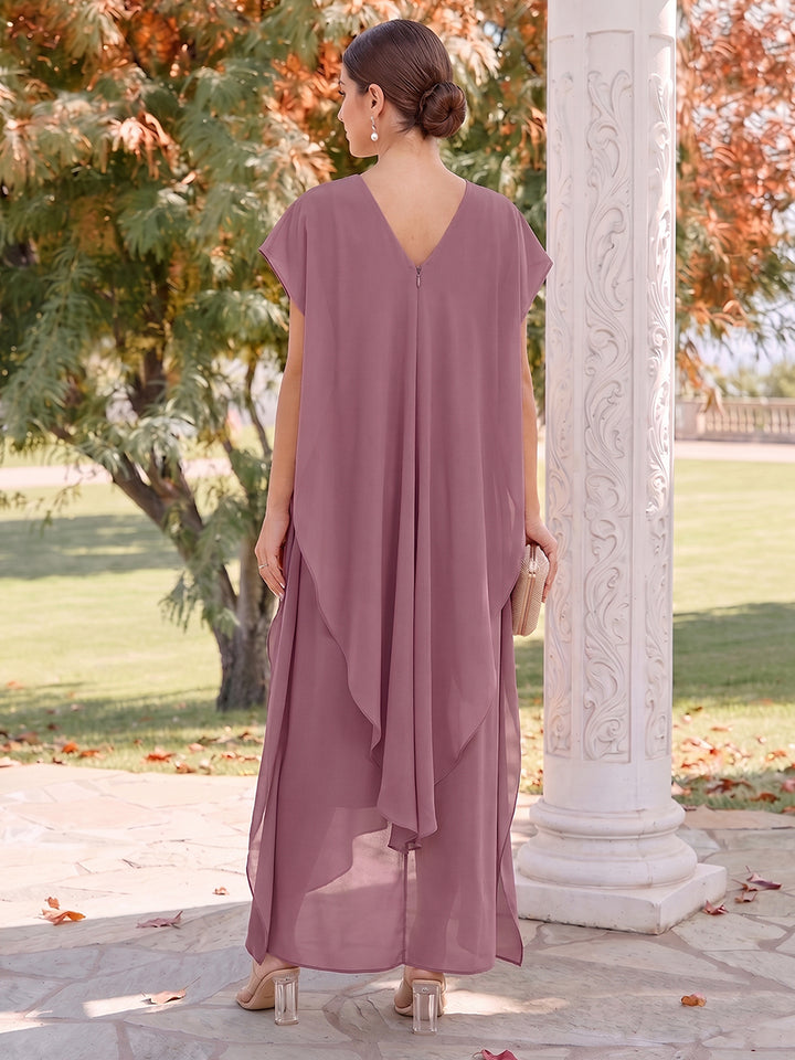 A-Line/Princess V-Neck Short Sleeves Chiffon Ankle-Length Bridesmaid Dresses with Ruffles