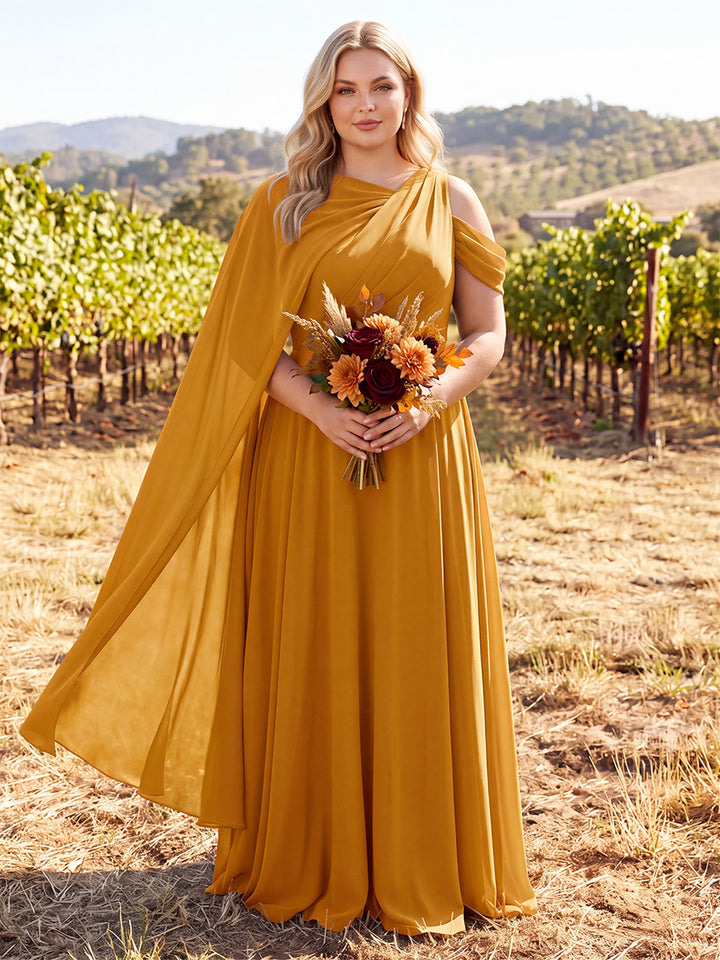 A-Line/Princess Crew Neck Sleeveless Chiffon Floor-Length Plus Size Bridesmaid Dresses with Pleats