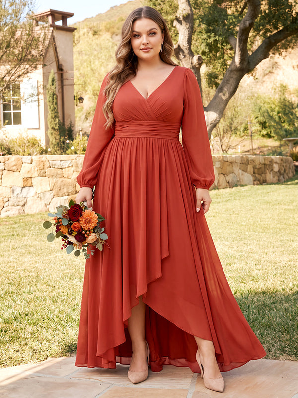 A-Line/Princess V-Neck Long Sleeves Chiffon Asymmetrical Plus Size Bridesmaid Dresses with Ruffles