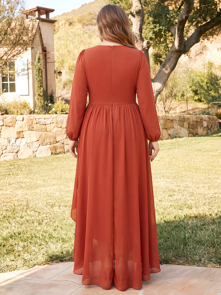 A-Line/Princess V-Neck Long Sleeves Chiffon Asymmetrical Plus Size Bridesmaid Dresses with Ruffles