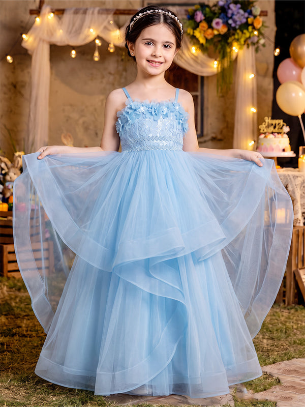 A-Line/Princess Spaghetti Straps Sleeveless Tulle Floor-Length Flower Girl Dresses with 3D Flower & Ruffles