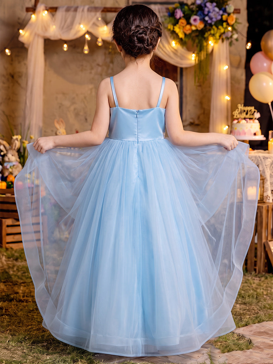 A-Line/Princess Spaghetti Straps Sleeveless Tulle Floor-Length Flower Girl Dresses with 3D Flower &amp; Ruffles