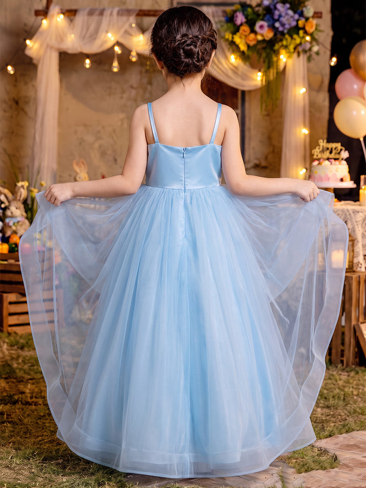 A-Line/Princess Spaghetti Straps Sleeveless Tulle Floor-Length Flower Girl Dresses with 3D Flower &amp; Ruffles