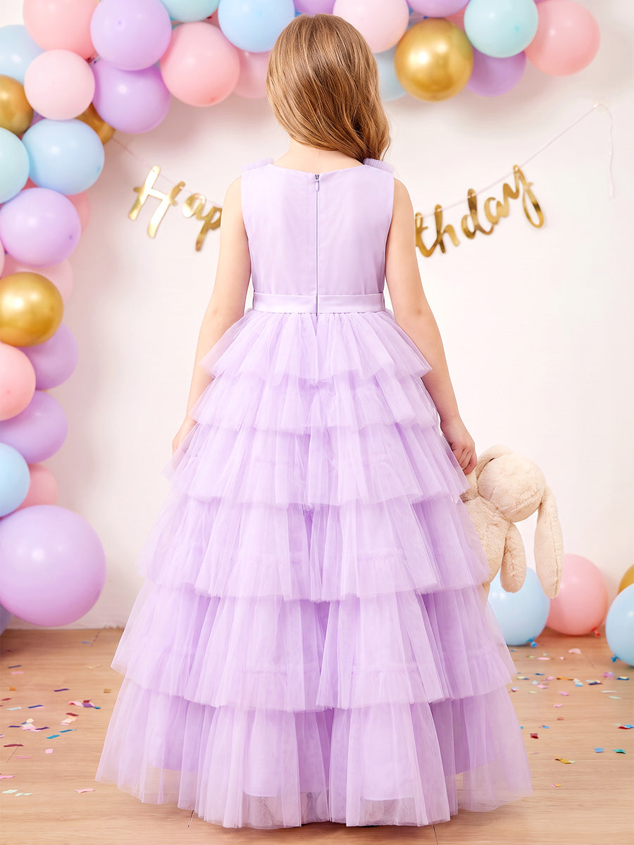 A-Line/Princess V-Neck Sleeveless Tulle Floor-Length Flower Girl Dresses with Ruffles&amp;Tiered