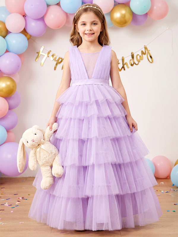 A-Line/Princess V-Neck Sleeveless Tulle Floor-Length Flower Girl Dresses with Ruffles&Tiered