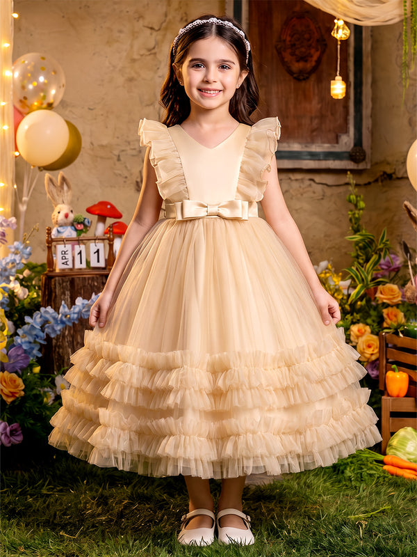 Ball Gown V-Neck Flying Sleeves Tulle Ankle-Length Flower Girl Dresses with Belt & Pleats