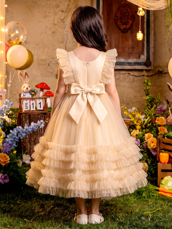 Ball Gown V-Neck Flying Sleeves Tulle Ankle-Length Flower Girl Dresses with Belt &amp; Pleats