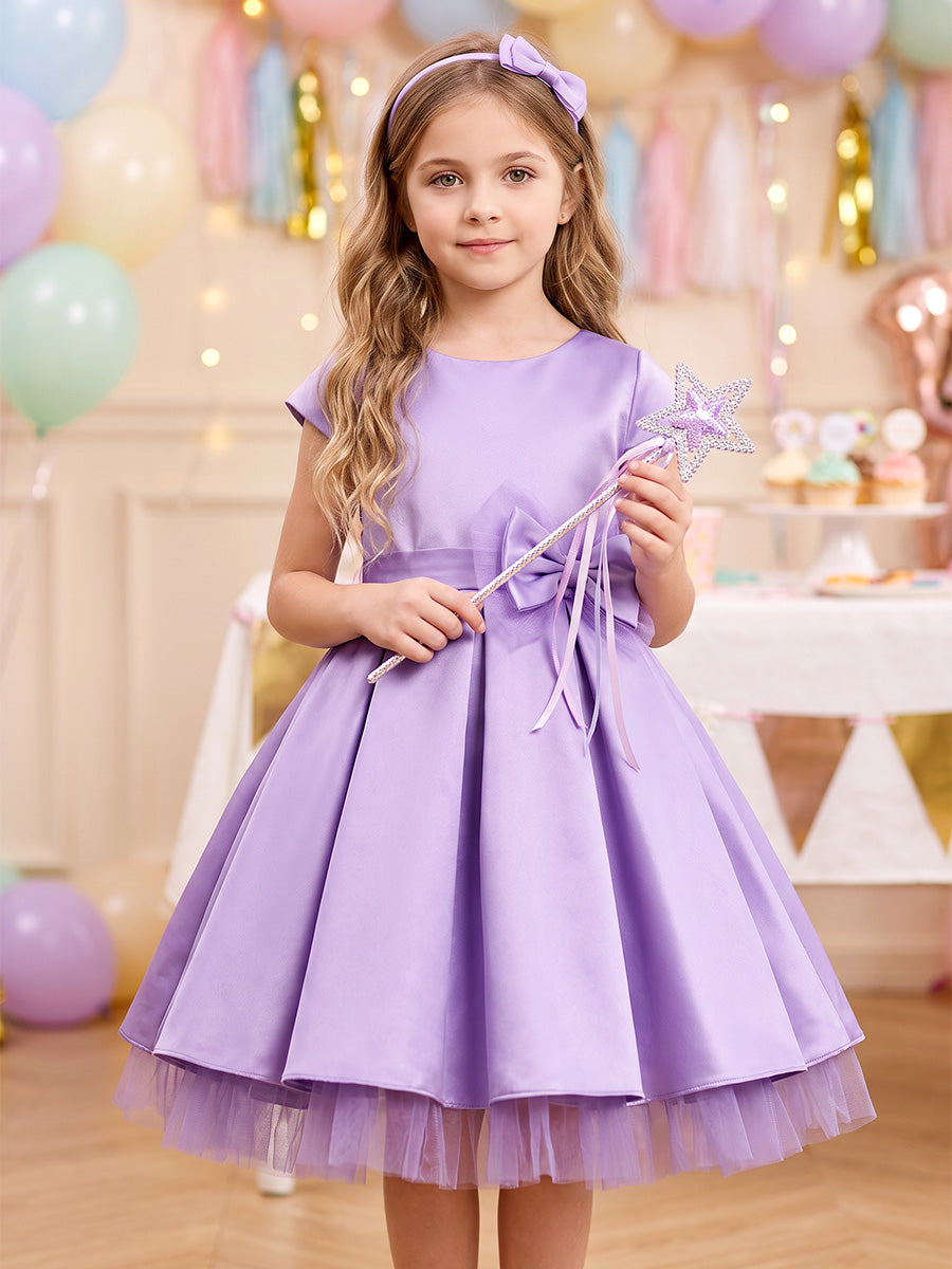 A-Line/Princess Scoop Short Sleeves Satin Knee-Length Flower Girl Dresses with Bowknot