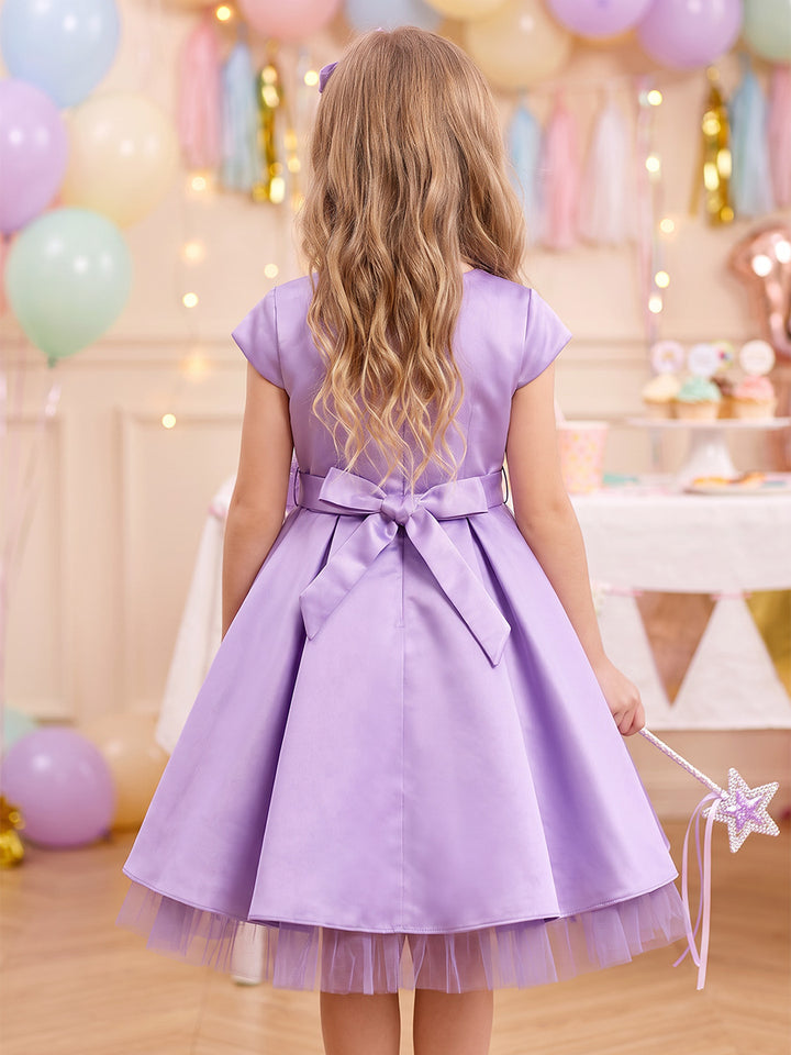 A-Line/Princess Scoop Short Sleeves Satin Knee-Length Flower Girl Dresses with Bowknot