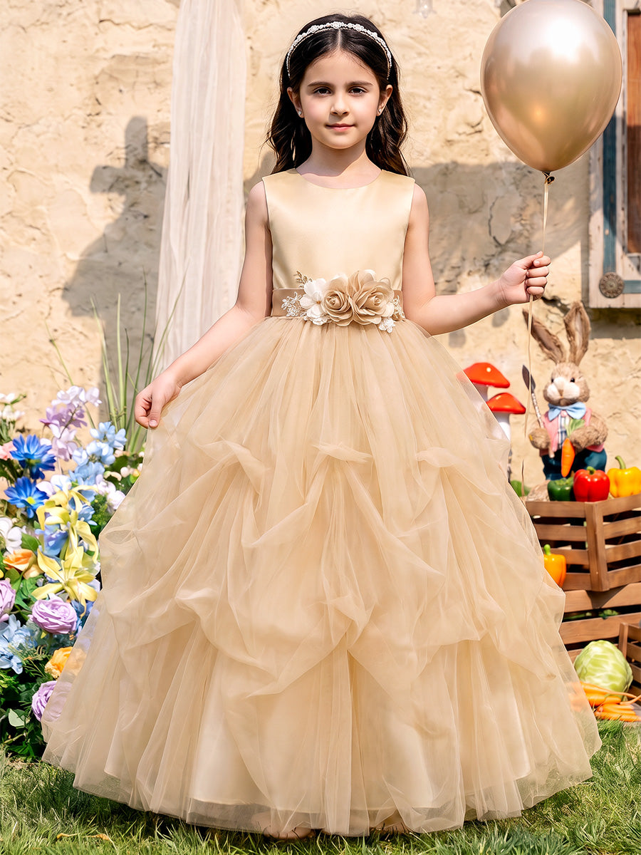 Ball Gown Scoop Sleeveless Tulle Floor-Length Flower Girl Dresses with 3D Flower &amp; Ruffles