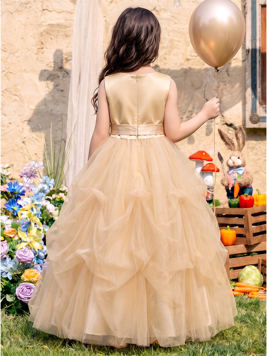 Ball Gown Scoop Sleeveless Tulle Floor-Length Flower Girl Dresses with 3D Flower &amp; Ruffles
