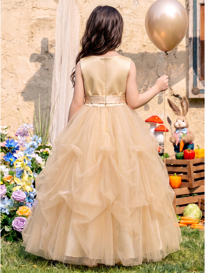 Ball Gown Scoop Sleeveless Tulle Floor-Length Flower Girl Dresses with 3D Flower &amp; Ruffles