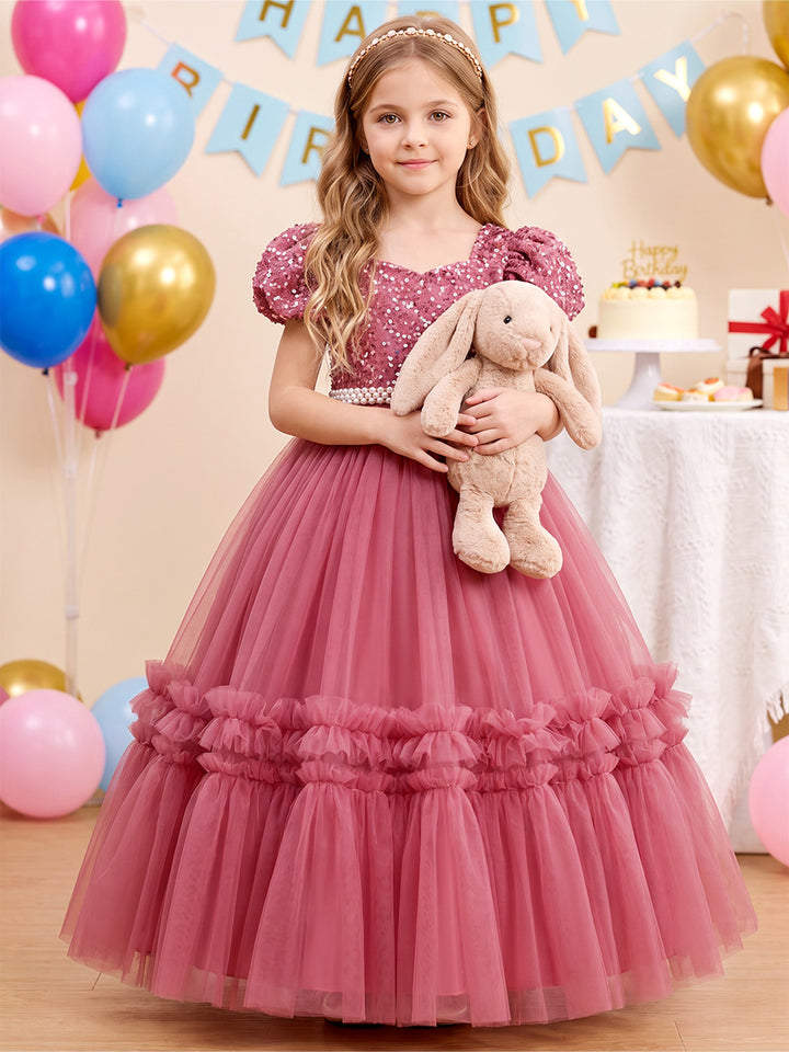 Ball Gown V-Neck Short Sleeves Tulle Floor-Length Flower Girl Dresses with Sequins &amp; Ruffles