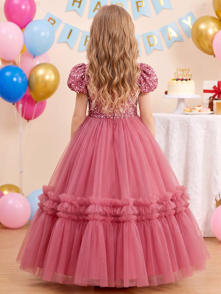 Ball Gown V-Neck Short Sleeves Tulle Floor-Length Flower Girl Dresses with Sequins &amp; Ruffles