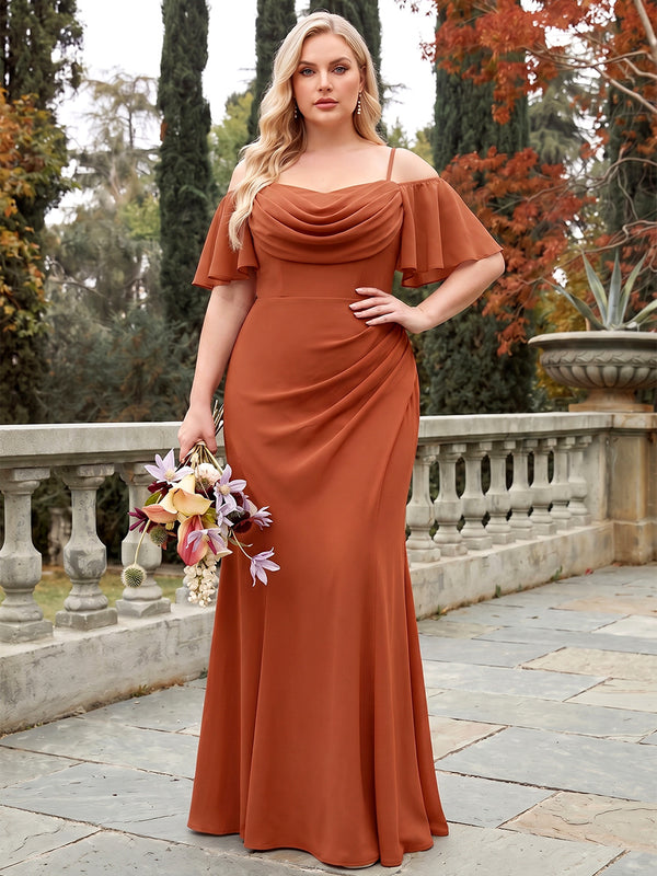 Sheath/Column Cold Shoulder Short Sleeves Chiffon Floor-Length Plus Size Bridesmaid Dresses with Pleats