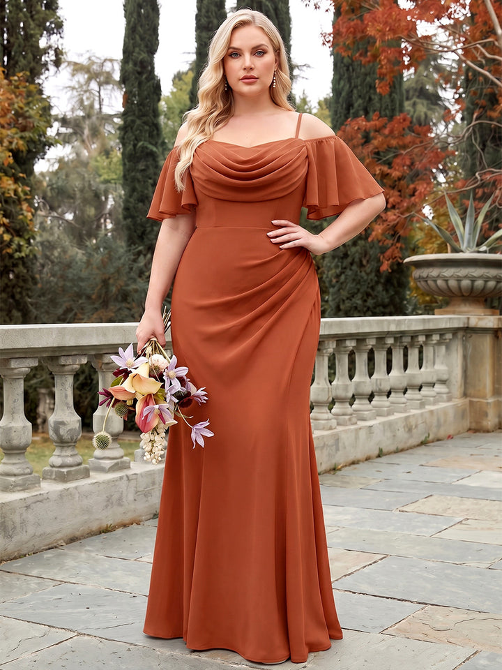 Sheath/Column Cold Shoulder Short Sleeves Chiffon Floor-Length Plus Size Bridesmaid Dresses with Pleats