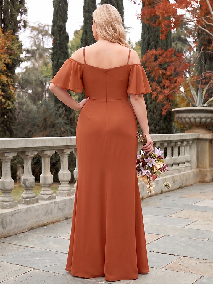 Sheath/Column Cold Shoulder Short Sleeves Chiffon Floor-Length Plus Size Bridesmaid Dresses with Pleats