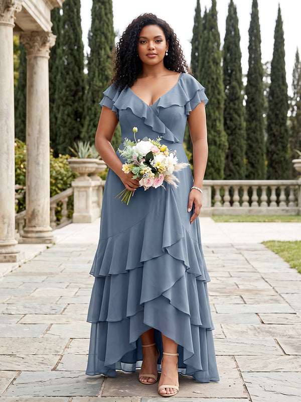 A-Line/Princess V-Neck Short Sleeves Chiffon Asymmetrical Plus Size Bridesmaid Dresses with Ruffles
