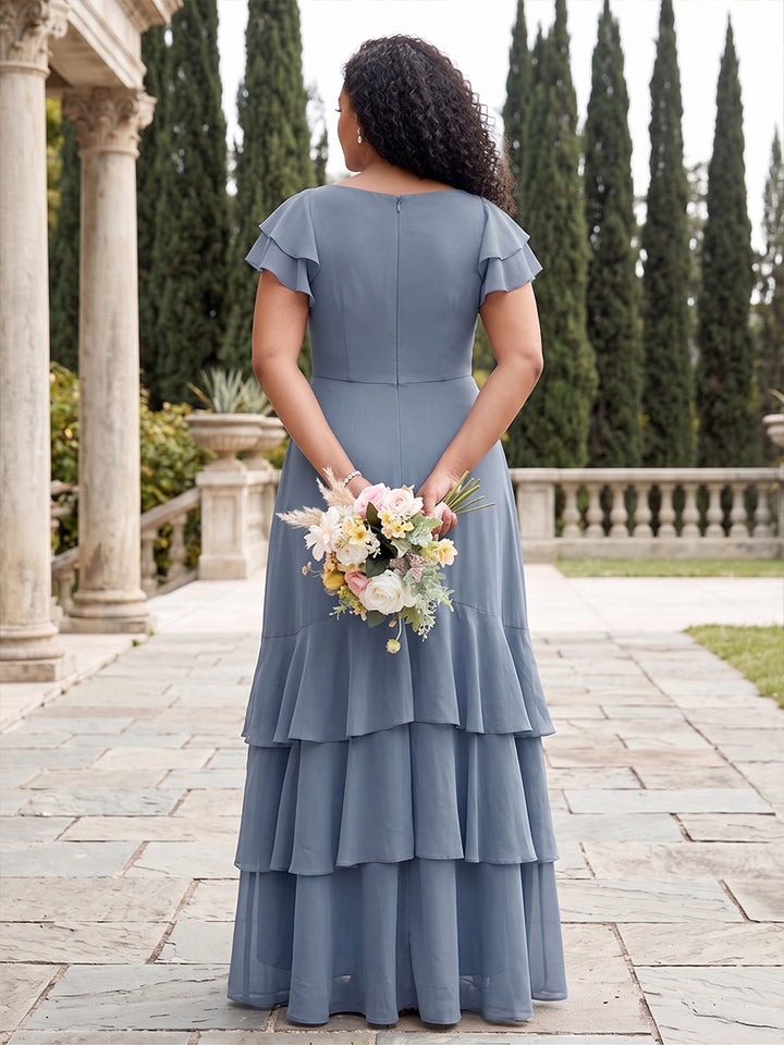 A-Line/Princess V-Neck Short Sleeves Chiffon Asymmetrical Plus Size Bridesmaid Dresses with Ruffles