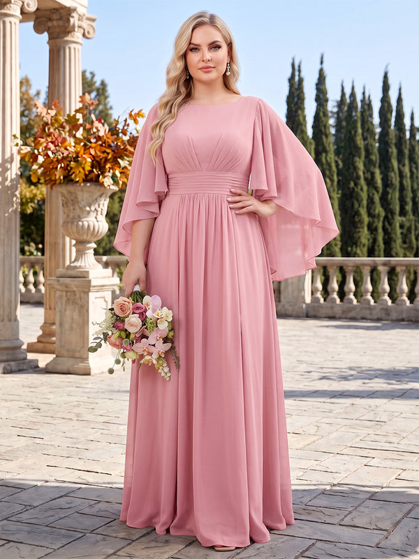 A-Line/Princess Scoop 3/4 Sleeves Chiffon Floor-Length Plus Size Bridesmaid Dresses with Pleats & Ruffles