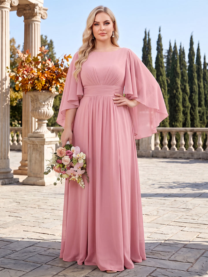 A-Line/Princess Scoop 3/4 Sleeves Chiffon Floor-Length Plus Size Bridesmaid Dresses with Pleats &amp; Ruffles