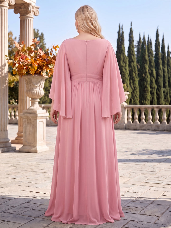 A-Line/Princess Scoop 3/4 Sleeves Chiffon Floor-Length Plus Size Bridesmaid Dresses with Pleats &amp; Ruffles