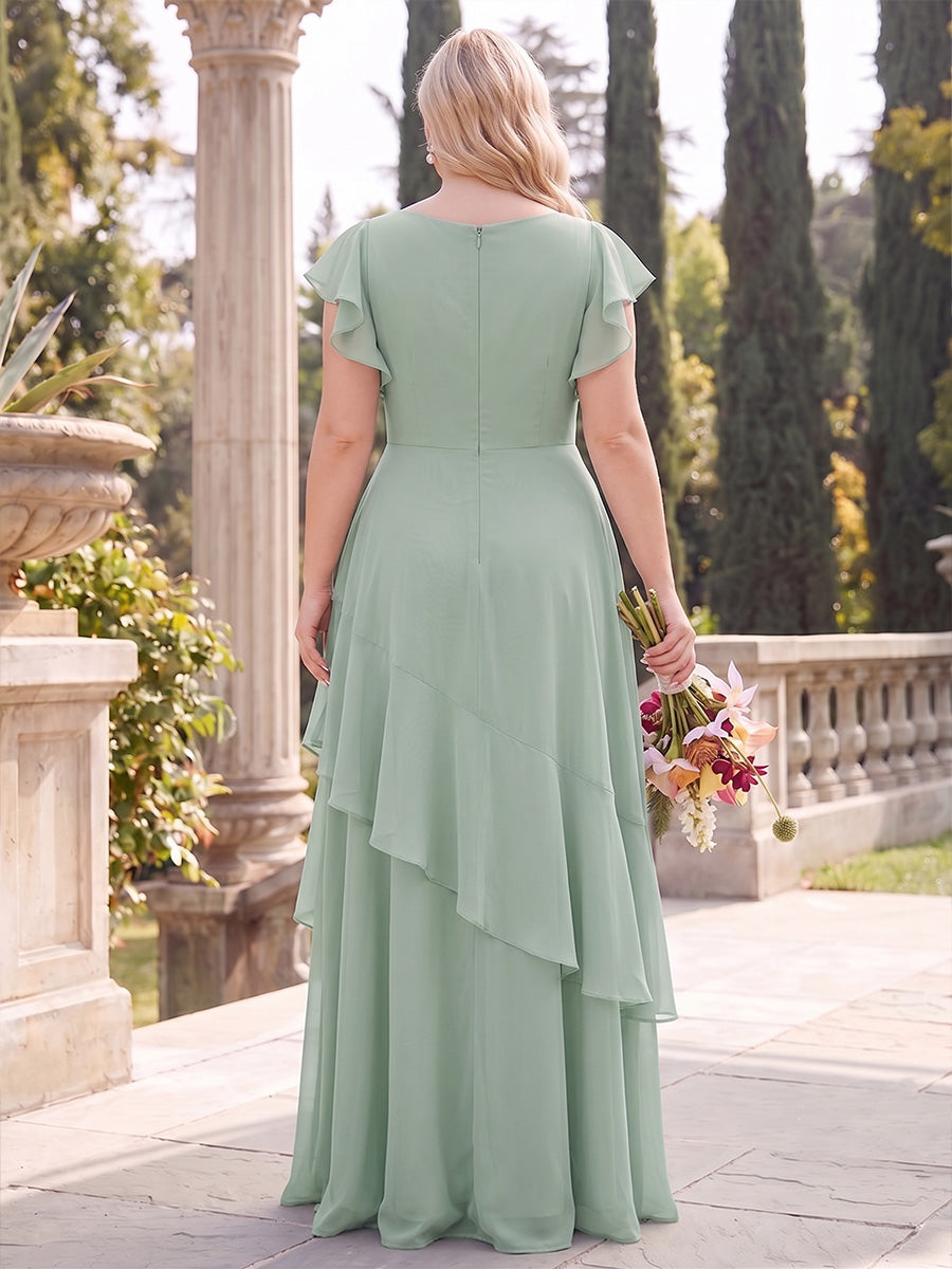 A-Line/Princess V-Neck Short Sleeves Chiffon Floor-Length Plus Size Bridesmaid Dresses with Ruffles&amp;Tiered
