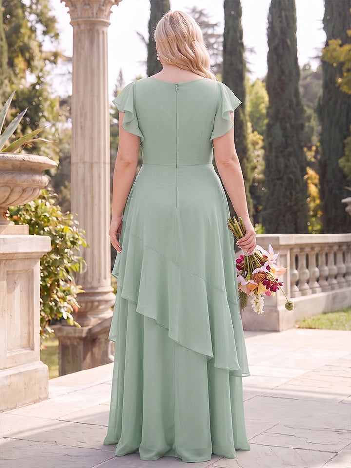 A-Line/Princess V-Neck Short Sleeves Chiffon Floor-Length Plus Size Bridesmaid Dresses with Ruffles&amp;Tiered