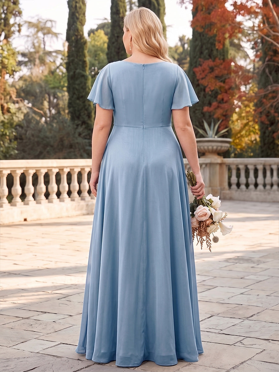 A-Line/Princess V-Neck Short Sleeves Chiffon Floor-Length Plus Size Bridesmaid Dresses with Pleats &amp; Ruffles