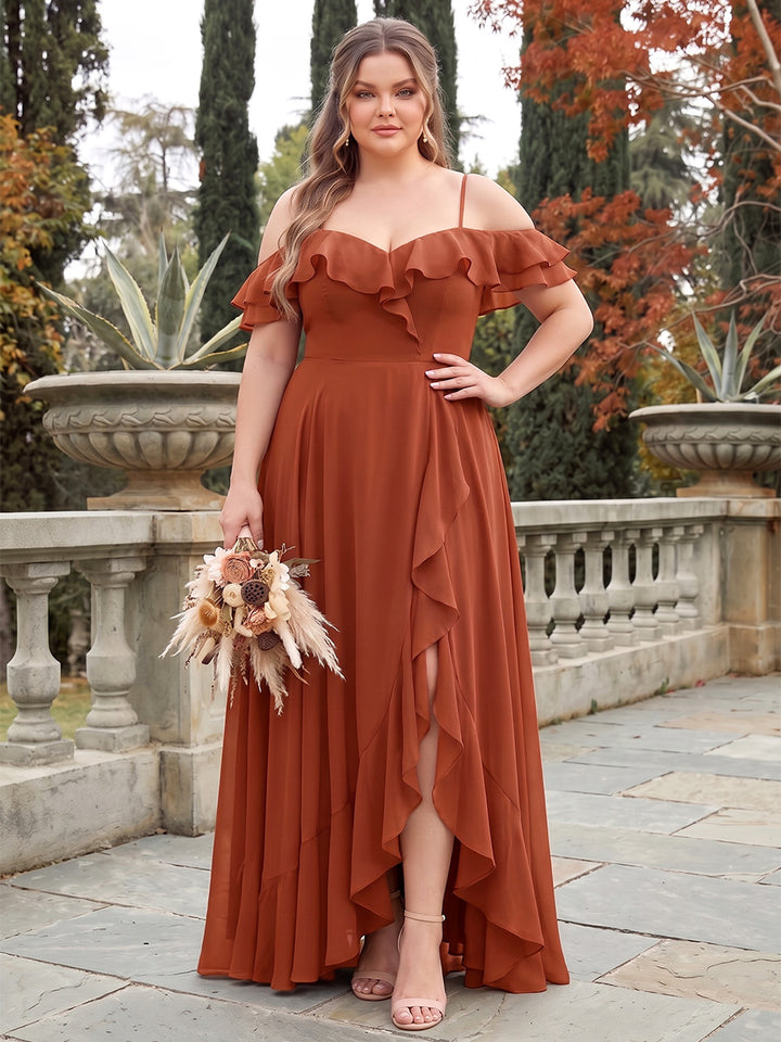 A-Line/Princess Cold Shoulder Short Sleeves Chiffon Floor-Length Plus Size Bridesmaid Dresses with Ruffles &amp; Split Side