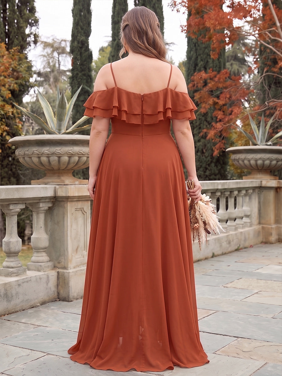 A-Line/Princess Cold Shoulder Short Sleeves Chiffon Floor-Length Plus Size Bridesmaid Dresses with Ruffles &amp; Split Side