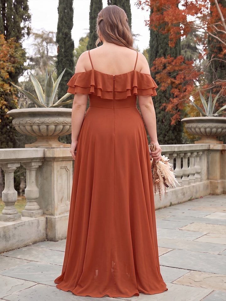 A-Line/Princess Cold Shoulder Short Sleeves Chiffon Floor-Length Plus Size Bridesmaid Dresses with Ruffles &amp; Split Side