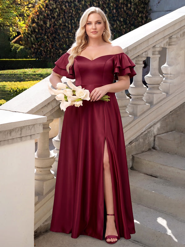 A-Line/Princess Off-the-Shoulder Short Sleeves Satin Floor-Length Plus Size Bridesmaid Dresses with Ruffles & Split Side