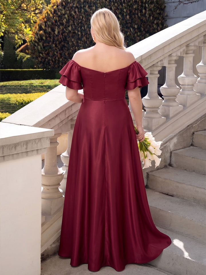 A-Line/Princess Off-the-Shoulder Short Sleeves Satin Floor-Length Plus Size Bridesmaid Dresses with Ruffles &amp; Split Side