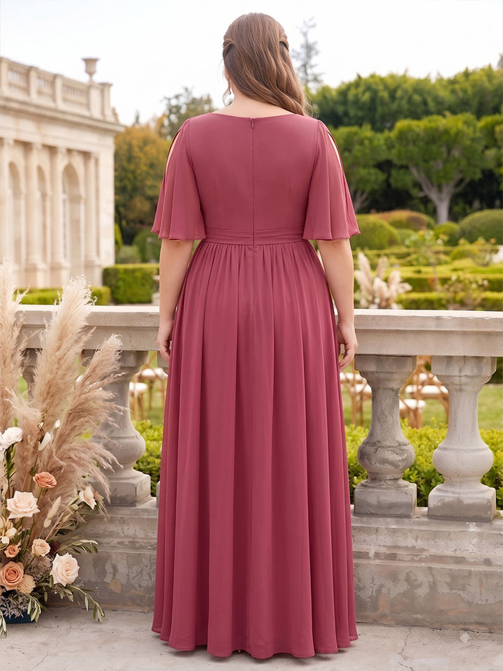 A-Line/Princess V-Neck Half Sleeves Chiffon Floor-Length Plus Size Bridesmaid Dresses with Ruffles &amp; Split Side