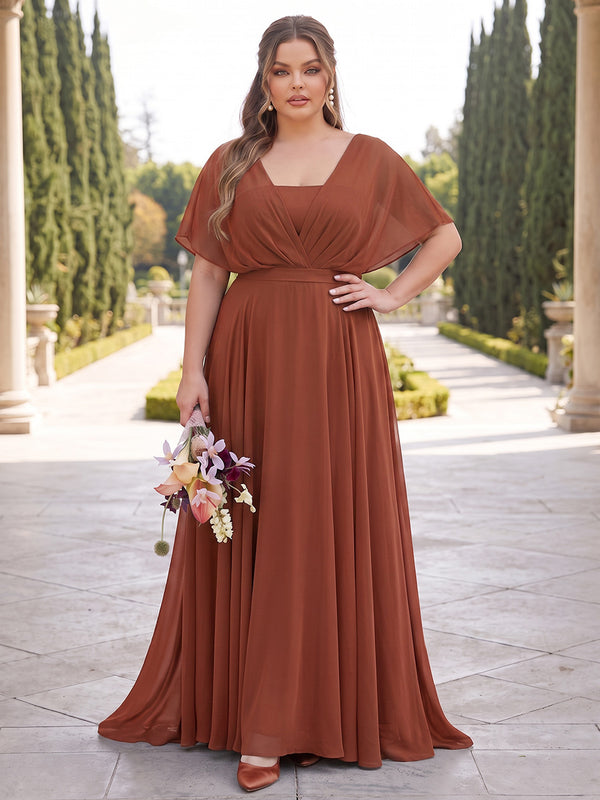 A-Line/Princess V-Neck Half Sleeves Chiffon Floor-Length Plus Size Bridesmaid Dresses with Pleats & Ruffles