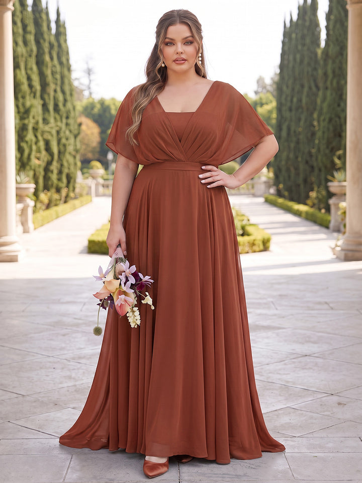 A-Line/Princess V-Neck Half Sleeves Chiffon Floor-Length Plus Size Bridesmaid Dresses with Pleats &amp; Ruffles